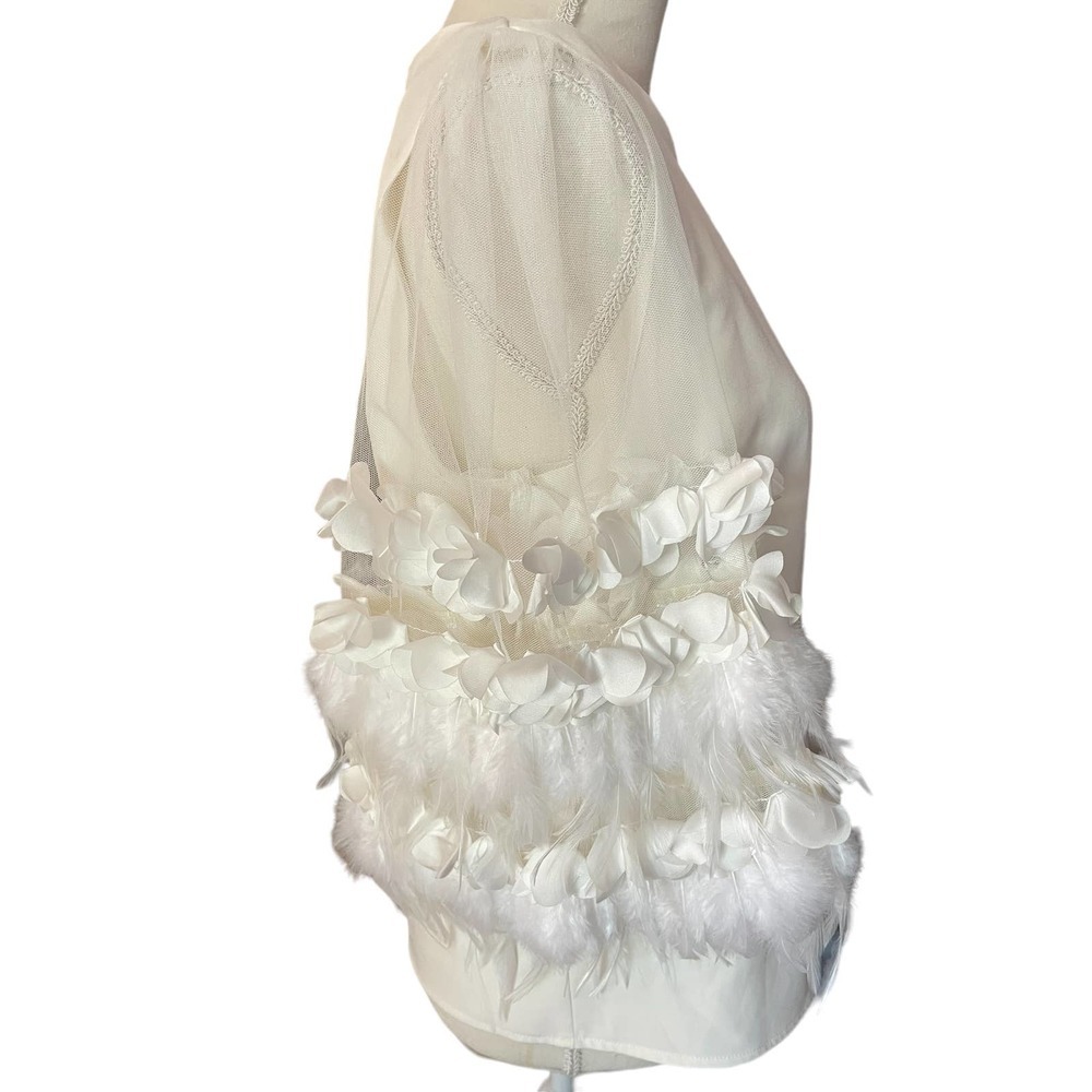 Why Dress Womens Bird Leaf Sleeve Mesh Top Blouse Crew Neck Size L White View 2